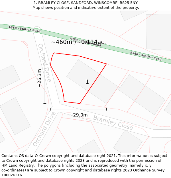 1, BRAMLEY CLOSE, SANDFORD, WINSCOMBE, BS25 5NY: Plot and title map