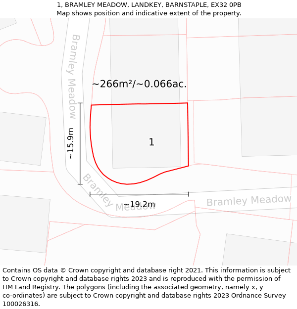 1, BRAMLEY MEADOW, LANDKEY, BARNSTAPLE, EX32 0PB: Plot and title map