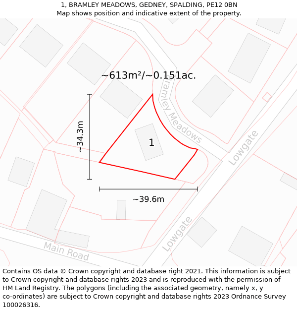 1, BRAMLEY MEADOWS, GEDNEY, SPALDING, PE12 0BN: Plot and title map