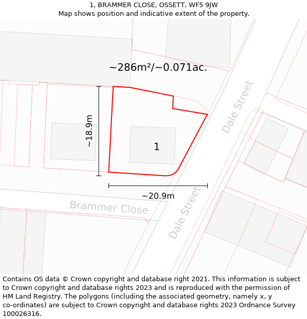 1, BRAMMER CLOSE, OSSETT, WF5 9JW: Plot and title map