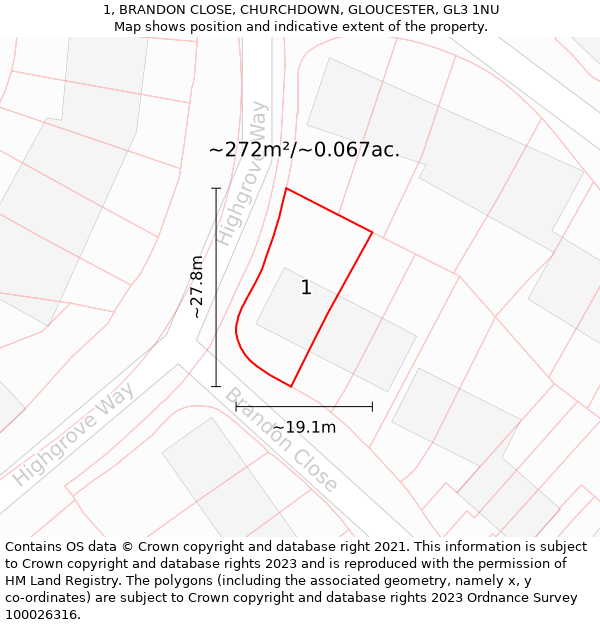 1, BRANDON CLOSE, CHURCHDOWN, GLOUCESTER, GL3 1NU: Plot and title map