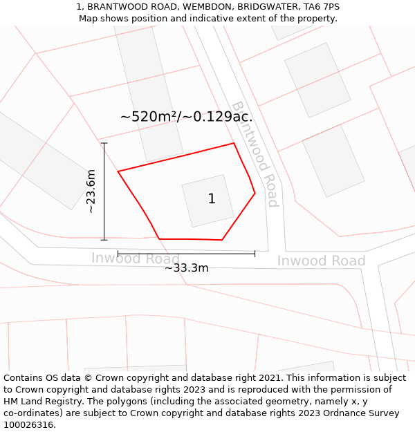 1, BRANTWOOD ROAD, WEMBDON, BRIDGWATER, TA6 7PS: Plot and title map