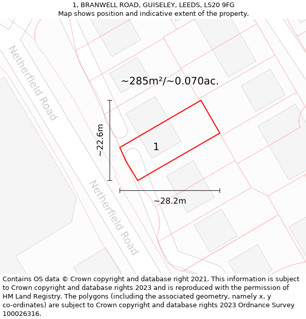 1, BRANWELL ROAD, GUISELEY, LEEDS, LS20 9FG: Plot and title map