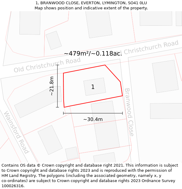 1, BRANWOOD CLOSE, EVERTON, LYMINGTON, SO41 0LU: Plot and title map