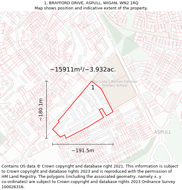 1, BRAYFORD DRIVE, ASPULL, WIGAN, WN2 1RQ: Plot and title map