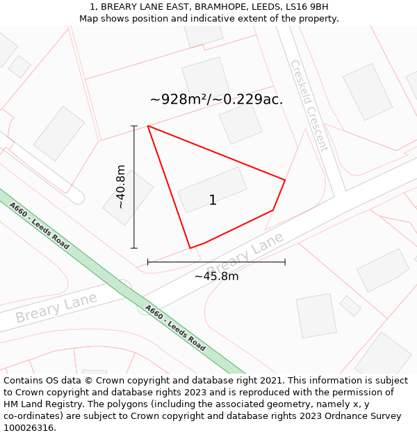 1, BREARY LANE EAST, BRAMHOPE, LEEDS, LS16 9BH: Plot and title map