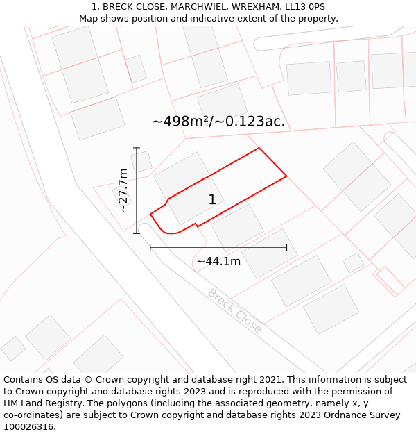 1, BRECK CLOSE, MARCHWIEL, WREXHAM, LL13 0PS: Plot and title map