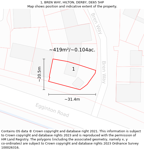 1, BREN WAY, HILTON, DERBY, DE65 5HP: Plot and title map