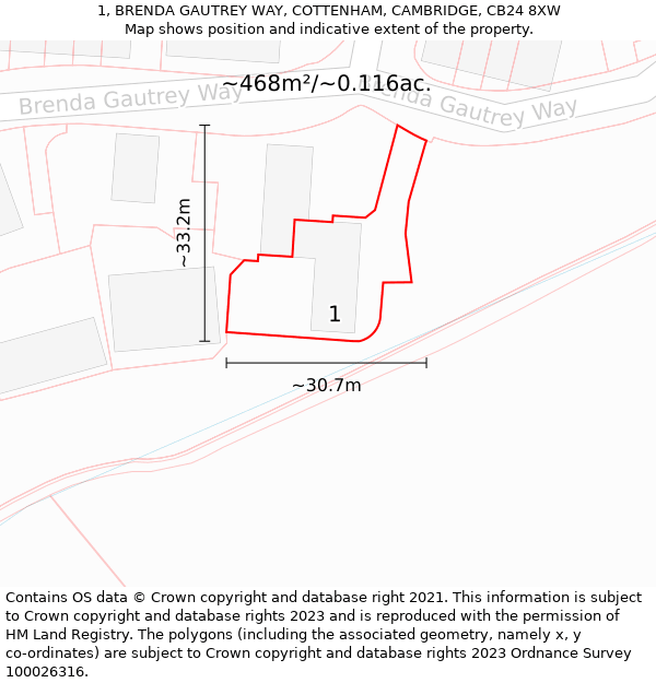 1, BRENDA GAUTREY WAY, COTTENHAM, CAMBRIDGE, CB24 8XW: Plot and title map