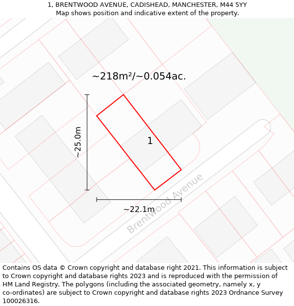 1, BRENTWOOD AVENUE, CADISHEAD, MANCHESTER, M44 5YY: Plot and title map