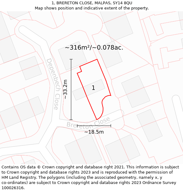 1, BRERETON CLOSE, MALPAS, SY14 8QU: Plot and title map