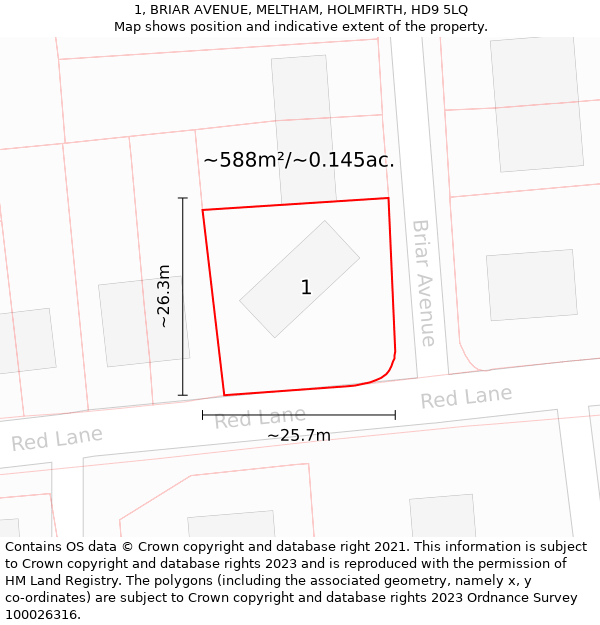 1, BRIAR AVENUE, MELTHAM, HOLMFIRTH, HD9 5LQ: Plot and title map