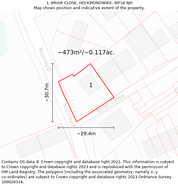 1, BRIAR CLOSE, HECKMONDWIKE, WF16 9JH: Plot and title map