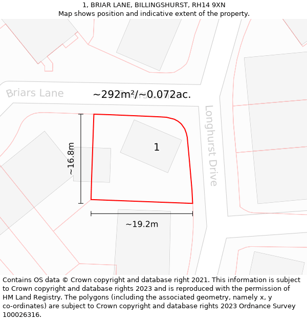 1, BRIAR LANE, BILLINGSHURST, RH14 9XN: Plot and title map