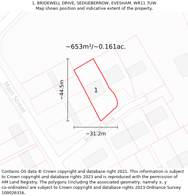 1, BRIDEWELL DRIVE, SEDGEBERROW, EVESHAM, WR11 7UW: Plot and title map