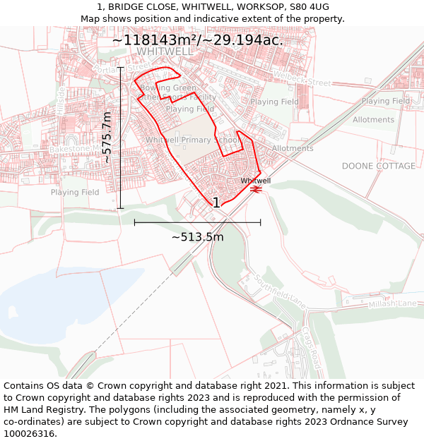 1, BRIDGE CLOSE, WHITWELL, WORKSOP, S80 4UG: Plot and title map