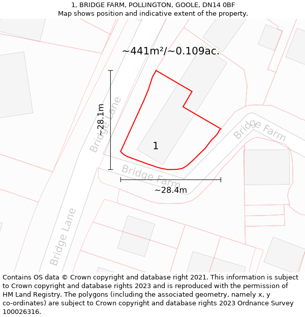 1, BRIDGE FARM, POLLINGTON, GOOLE, DN14 0BF: Plot and title map