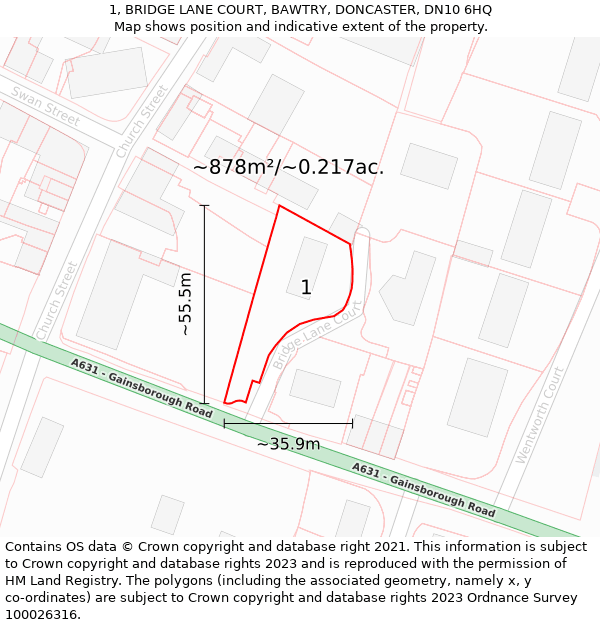 1, BRIDGE LANE COURT, BAWTRY, DONCASTER, DN10 6HQ: Plot and title map