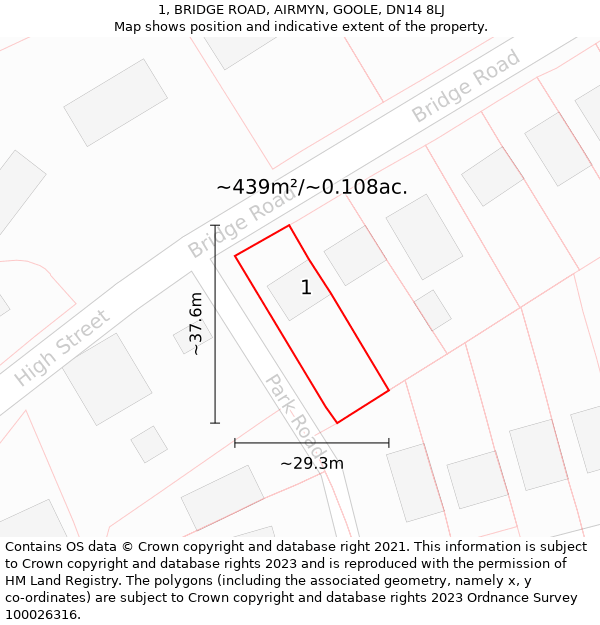 1, BRIDGE ROAD, AIRMYN, GOOLE, DN14 8LJ: Plot and title map