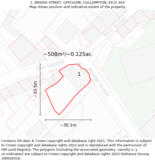 1, BRIDGE STREET, UFFCULME, CULLOMPTON, EX15 3AX: Plot and title map