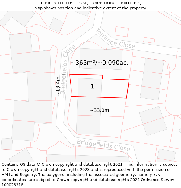 1, BRIDGEFIELDS CLOSE, HORNCHURCH, RM11 1GQ: Plot and title map