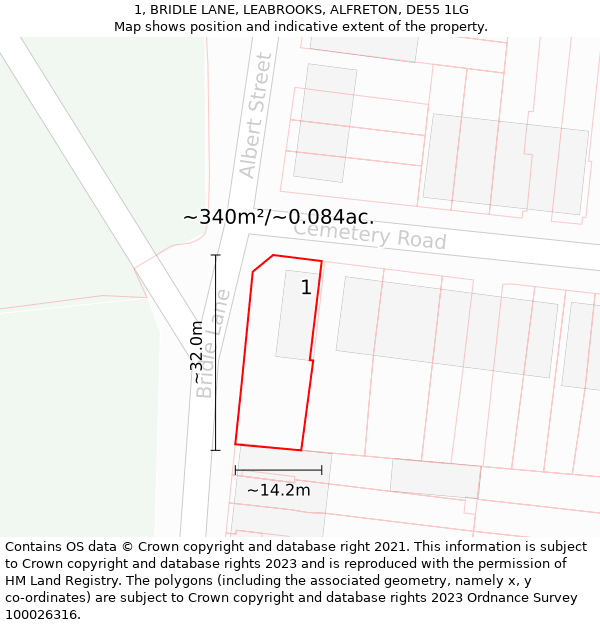 1, BRIDLE LANE, LEABROOKS, ALFRETON, DE55 1LG: Plot and title map