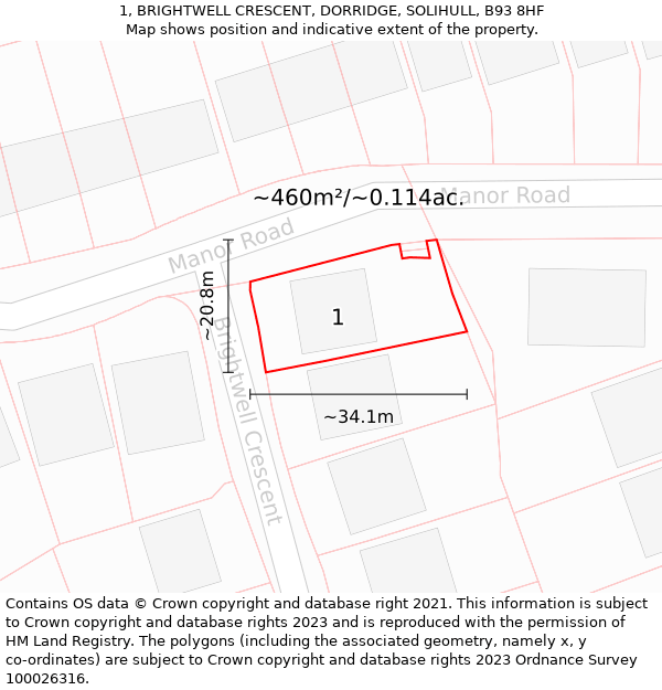 1, BRIGHTWELL CRESCENT, DORRIDGE, SOLIHULL, B93 8HF: Plot and title map