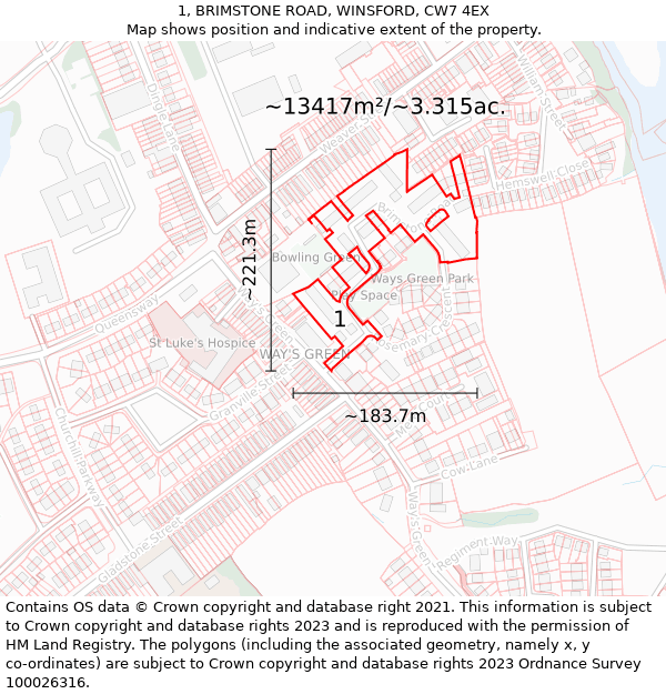 1, BRIMSTONE ROAD, WINSFORD, CW7 4EX: Plot and title map