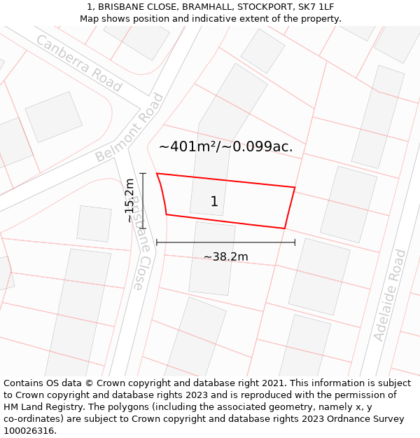 1, BRISBANE CLOSE, BRAMHALL, STOCKPORT, SK7 1LF: Plot and title map