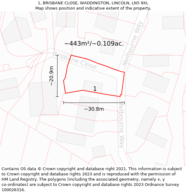 1, BRISBANE CLOSE, WADDINGTON, LINCOLN, LN5 9XL: Plot and title map