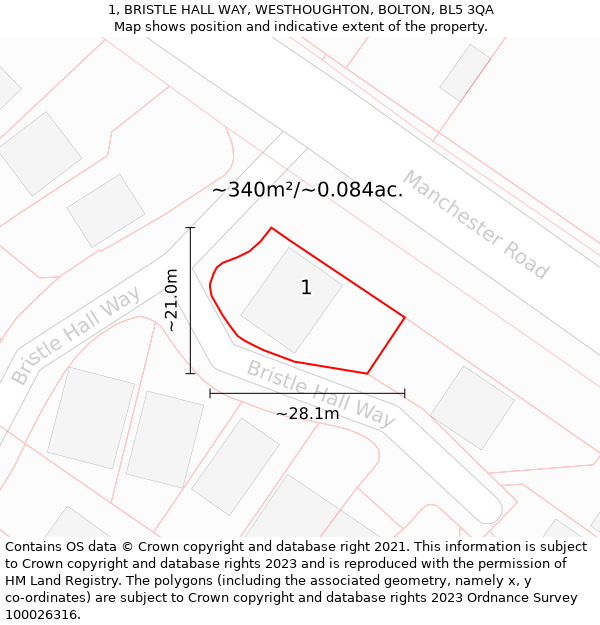 1, BRISTLE HALL WAY, WESTHOUGHTON, BOLTON, BL5 3QA: Plot and title map