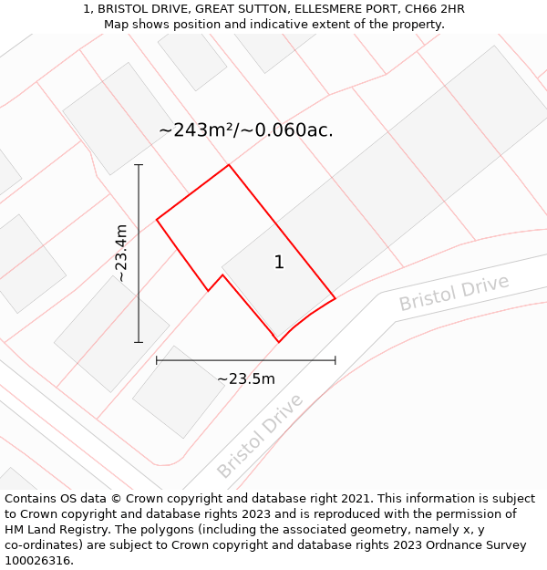 1, BRISTOL DRIVE, GREAT SUTTON, ELLESMERE PORT, CH66 2HR: Plot and title map