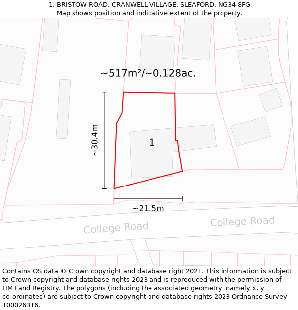 1, BRISTOW ROAD, CRANWELL VILLAGE, SLEAFORD, NG34 8FG: Plot and title map