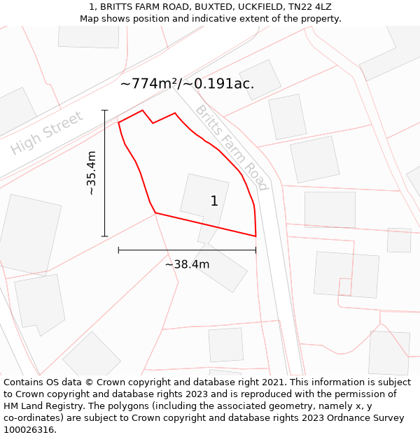 1, BRITTS FARM ROAD, BUXTED, UCKFIELD, TN22 4LZ: Plot and title map