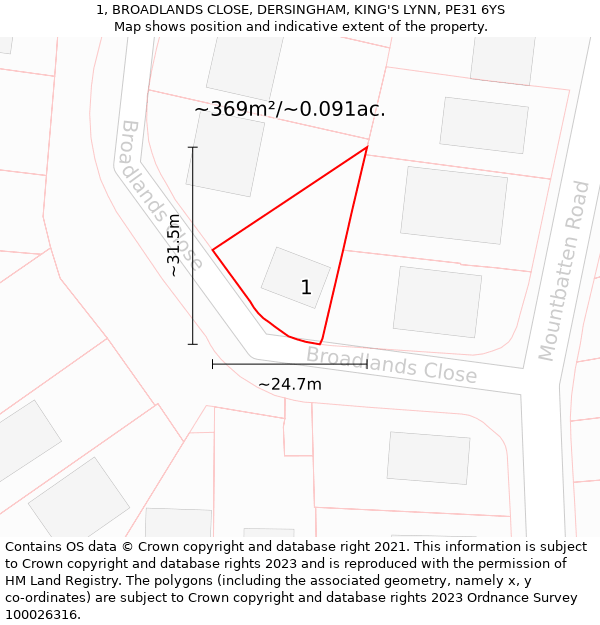 1, BROADLANDS CLOSE, DERSINGHAM, KING'S LYNN, PE31 6YS: Plot and title map