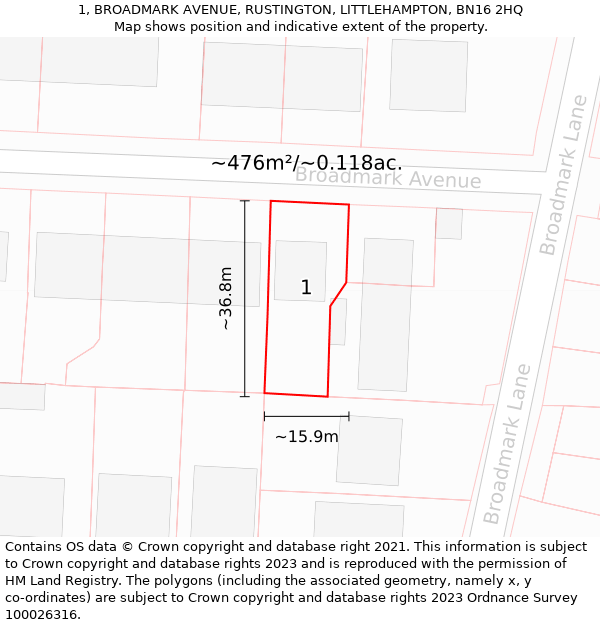 1, BROADMARK AVENUE, RUSTINGTON, LITTLEHAMPTON, BN16 2HQ: Plot and title map