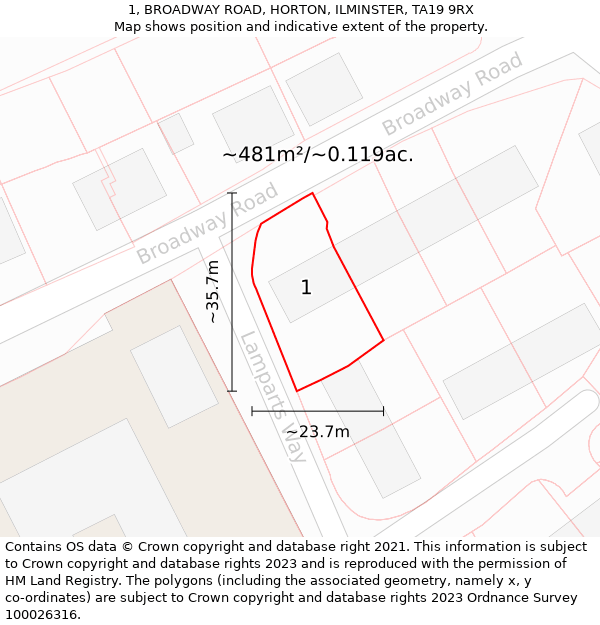 1, BROADWAY ROAD, HORTON, ILMINSTER, TA19 9RX: Plot and title map