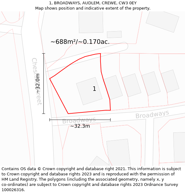 1, BROADWAYS, AUDLEM, CREWE, CW3 0EY: Plot and title map