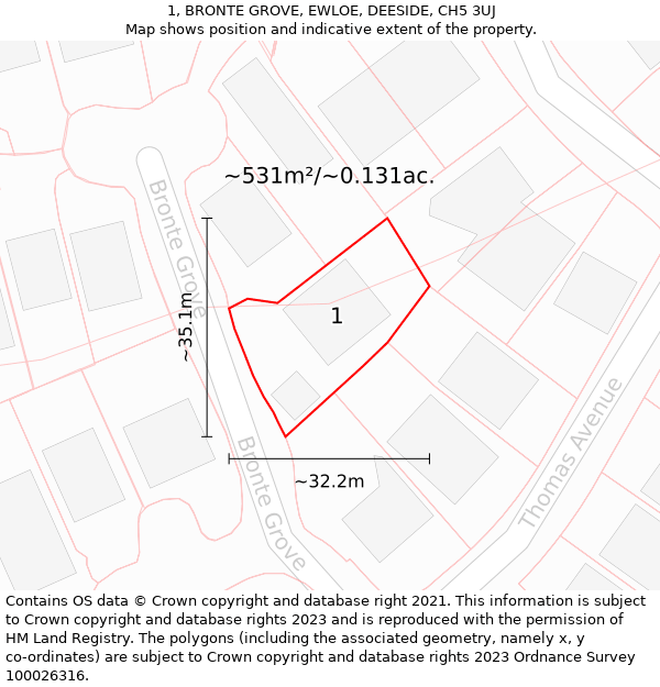 1, BRONTE GROVE, EWLOE, DEESIDE, CH5 3UJ: Plot and title map