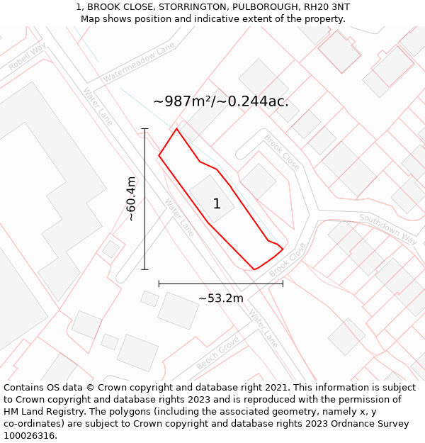 1, BROOK CLOSE, STORRINGTON, PULBOROUGH, RH20 3NT: Plot and title map