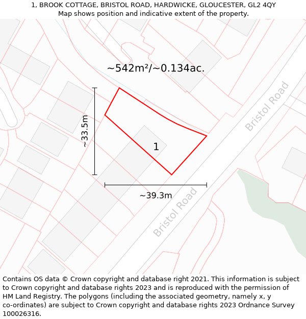 1, BROOK COTTAGE, BRISTOL ROAD, HARDWICKE, GLOUCESTER, GL2 4QY: Plot and title map