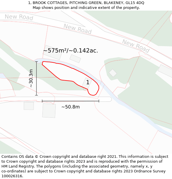 1, BROOK COTTAGES, PITCHING GREEN, BLAKENEY, GL15 4DQ: Plot and title map