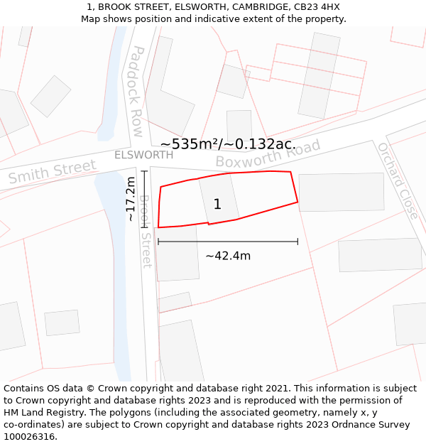 1, BROOK STREET, ELSWORTH, CAMBRIDGE, CB23 4HX: Plot and title map