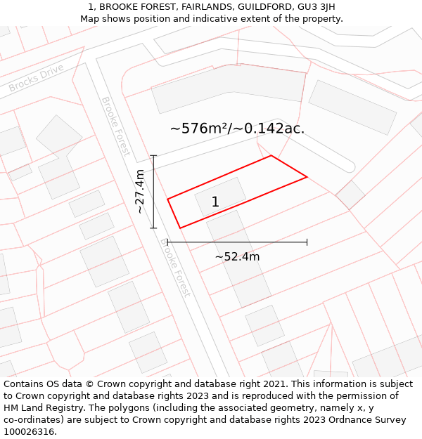 1, BROOKE FOREST, FAIRLANDS, GUILDFORD, GU3 3JH: Plot and title map