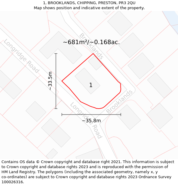 1, BROOKLANDS, CHIPPING, PRESTON, PR3 2QU: Plot and title map