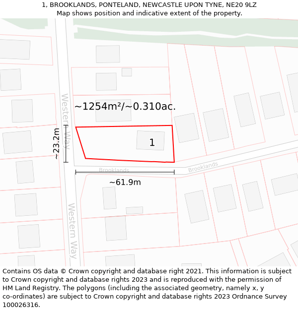 1, BROOKLANDS, PONTELAND, NEWCASTLE UPON TYNE, NE20 9LZ: Plot and title map