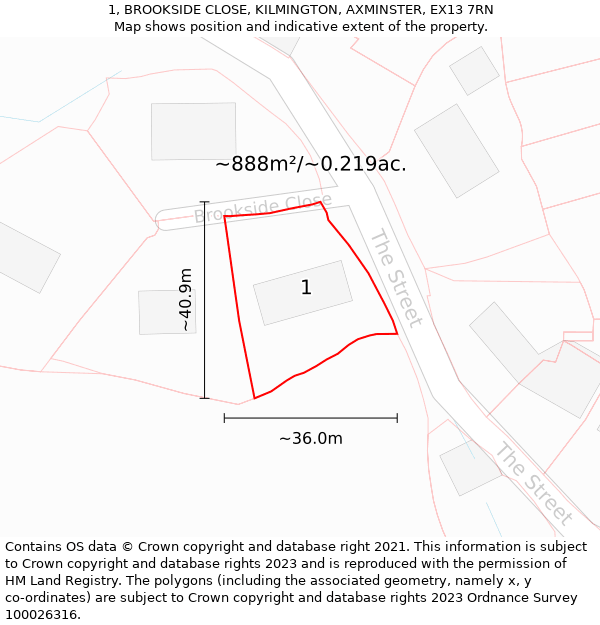 1, BROOKSIDE CLOSE, KILMINGTON, AXMINSTER, EX13 7RN: Plot and title map