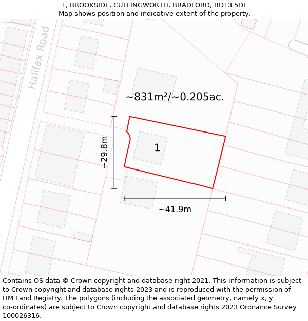 1, BROOKSIDE, CULLINGWORTH, BRADFORD, BD13 5DF: Plot and title map