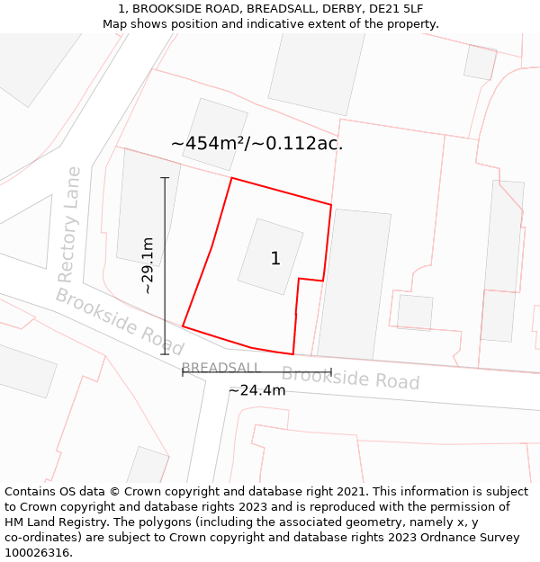 1, BROOKSIDE ROAD, BREADSALL, DERBY, DE21 5LF: Plot and title map