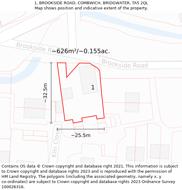 1, BROOKSIDE ROAD, COMBWICH, BRIDGWATER, TA5 2QL: Plot and title map